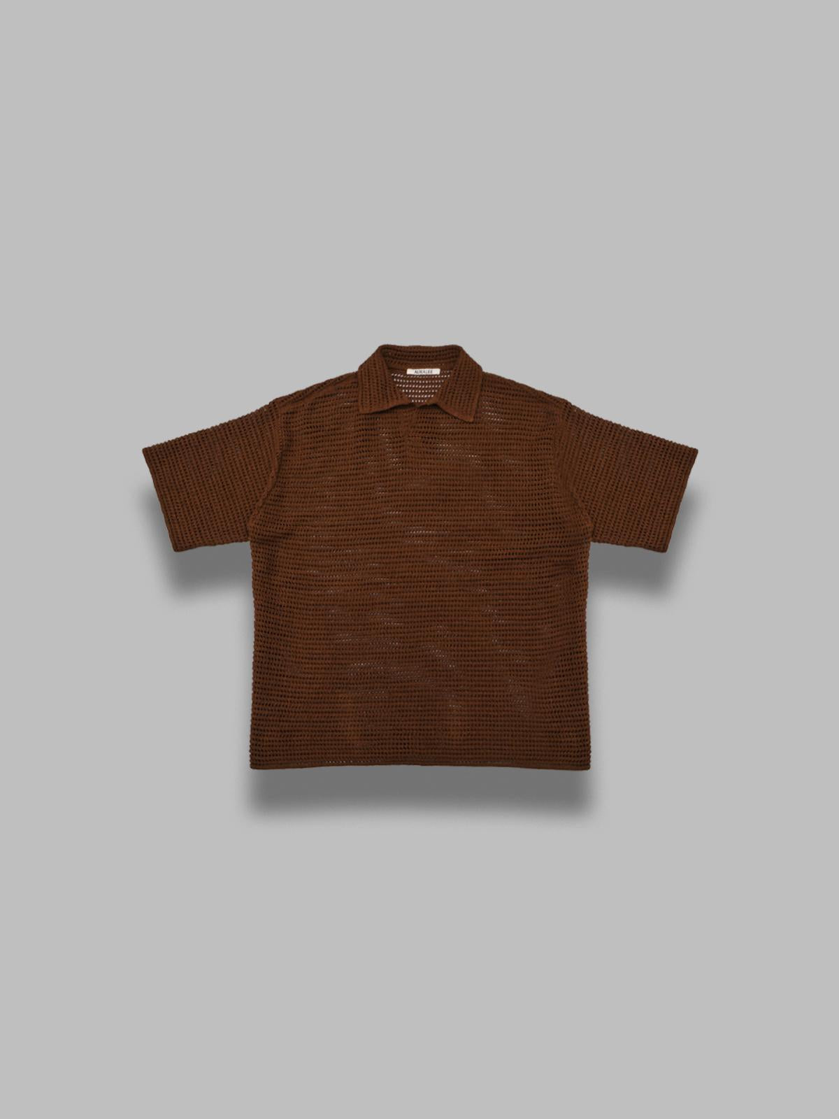 tussah silk cotton mesh knit skipper polo A26SP02SS- BRW AURALEE 