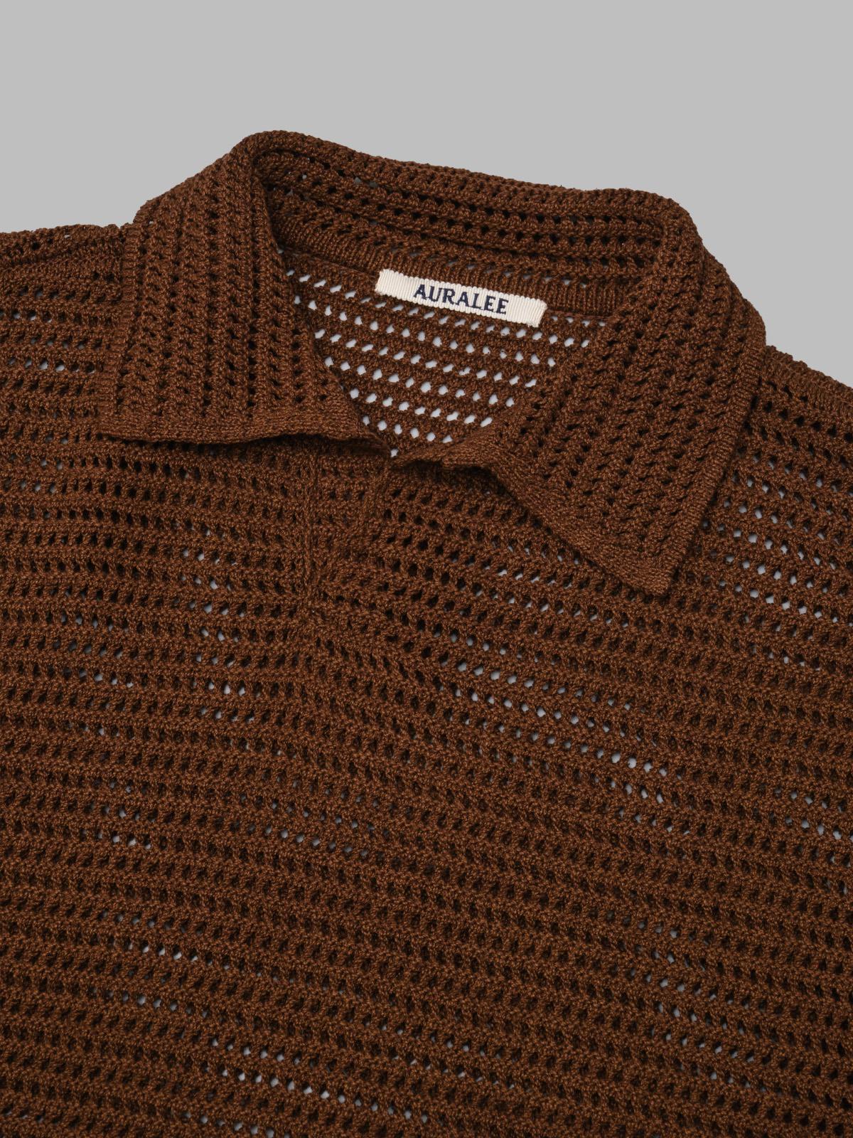 tussah silk cotton mesh knit skipper polo A26SP02SS- BRW AURALEE 